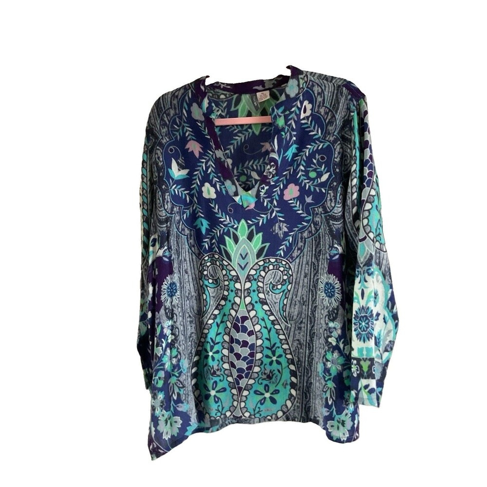 ANU Boho 100% Wool Blue Paisley Print Tunic Top XL